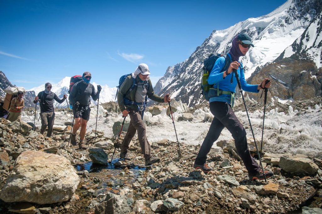 group of trekkers on baltoro glacier k2 pakistan
